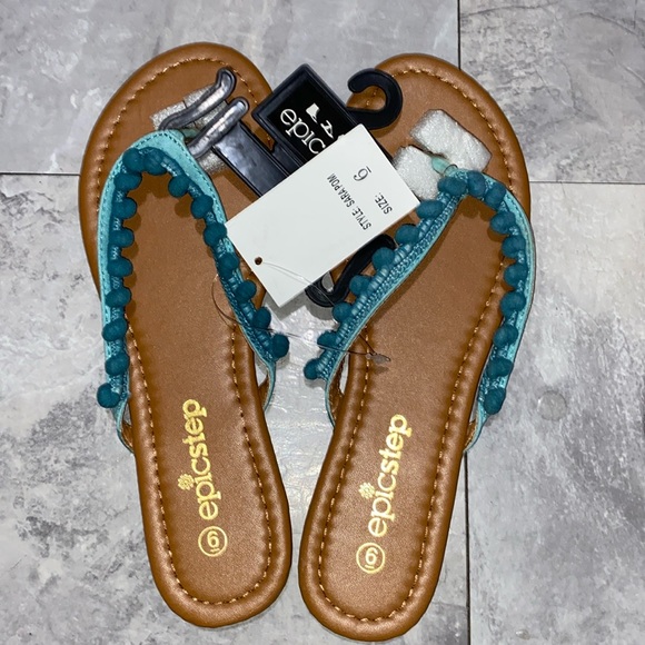 Brand new size 6 women teal pompom slippers sandals summer shoe blue - Picture 2 of 5